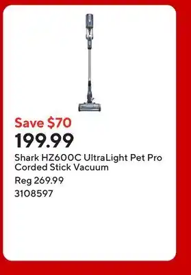 Staples Shark HZ600C UltraLight Pet Pro Corded Stick Vacuum offer
