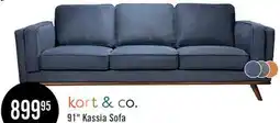 The Brick Kort & Co. Kassia 90.6 Linen-Look Fabric Sofa with Wood Base and Legs - Blue offer