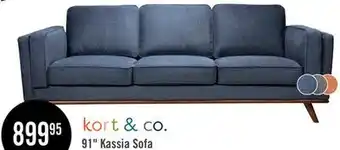 The Brick Kort & Co. Kassia 90.6 Linen-Look Fabric Sofa with Wood Base and Legs - Blue offer