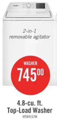 The Brick Whirlpool 4.8 Cu. Ft. Top Load Washer with 2-in-1 Removable Agitator - WTW4107SW offer