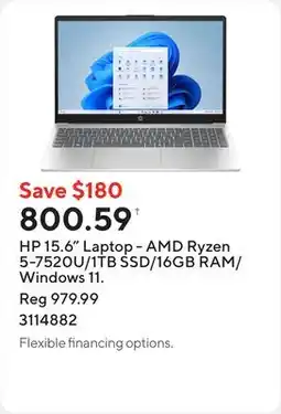 Staples HP 15.6 Laptop - AMD Ryzen 5-7520U/1TB SSD/16GB RAM/Windows 11 offer