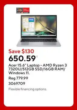 Staples Acer 15.6 Laptop - AMD Ryzen 3 7320U/512GB SSD/16GB RAM/Windows 11 offer