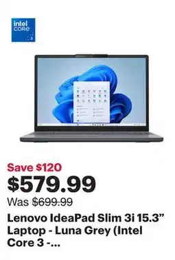 Best Buy Lenovo IdeaPad Slim 3i 15.3 Laptop - Luna Grey (Intel Core 3 - 100U/8GB RAM/512GB SSD/Windows 11) offer