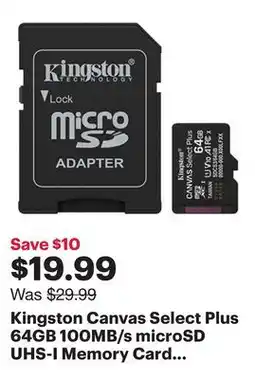 Best Buy Kingston Canvas Select Plus 64GB 100MB/s microSD UHS-I Memory Card with SD Adapter offer