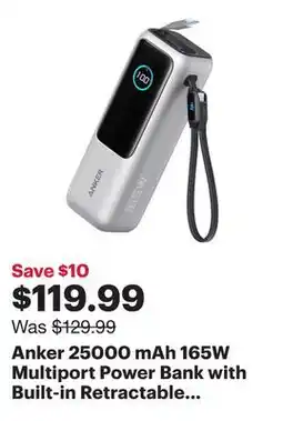 Best Buy Anker 25000 mAh 165W Multiport Power Bank with Built-in Retractable Cable - Silver offer