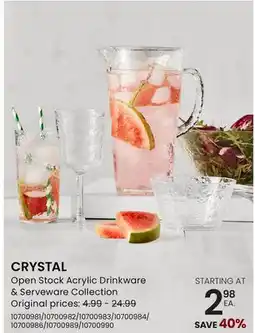 Stokes CRYSTAL Open Stock Acrylic Drinkware & Serveware Collection offer