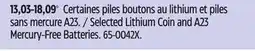 Canadian Tire Energizer Selected Lithium Coin and A23 Mercury-Free Batteries offer