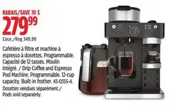Canadian Tire Drip Coffee and Espresso Pod Machine. Programmable. 12-cup capacity. Built-in frother offer