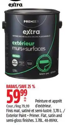 Canadian Tire Exterior Paint + Primer. Flat, satin and semi-gloss finishes. 3.78L offer