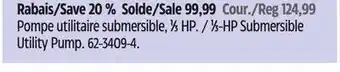 Canadian Tire MASTERCRAFT 1⁄3-HP Submersible Utility Pump offer