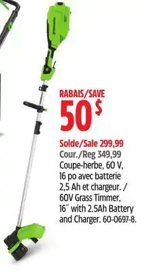 Canadian Tire Greenworks 60V Grass Timmer, 16˝ with 2.5Ah Battery and Charger offer