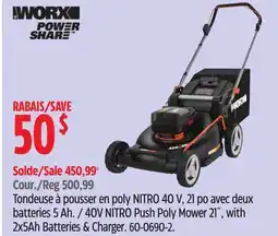 Canadian Tire WORX 40V NITRO Push Poly Mower 21, with 2x5Ah Batteries & Charger offer