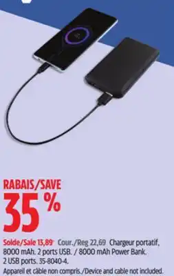 Canadian Tire Bluehive 8000 mAh Power Bank. 2 USB ports offer
