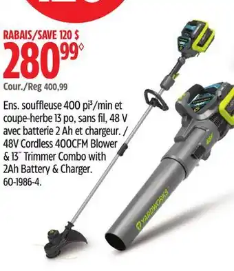 Canadian Tire Yardworks 48V Cordless 400CFM Blower & 13 Trimmer Combo with 2Ah Battery & Charger offer