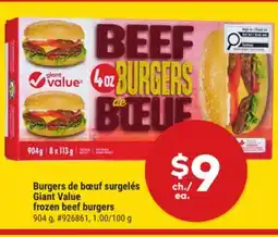 Giant Tiger Giant Value frozen beef burgers offer