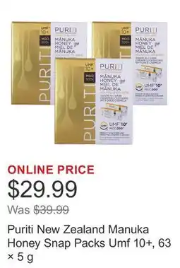 Costco Puriti New Zealand Manuka Honey Snap Packs Umf 10+, 63 × 5 g offer