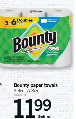 Fortinos BOUNTY PAPER TOWELS, 3=6 ROLLS offer