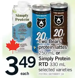 Fortinos TWO BEARS PROTEIN LATTES, 250 ML OR SIMPLY PROTEIN RTD, 330 ML offer