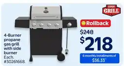 Walmart 4-Burner propane gas grill with side burner offer