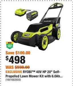 Home Depot EXCLUSIVE RYOBI 40V HP 20 Self-Propelled Lawn Mower Kit with 6.0Ah Battery and Charger offer