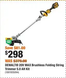 Home Depot DEWALT 20V MAX Brushless Folding String Trimmer 5.0 AH Kit offer