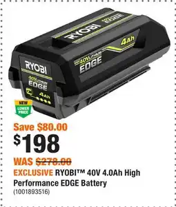 Home Depot EXCLUSIVE RYOBI 40V 4.0Ah High Performance EDGE Battery offer