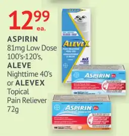 IDA Pharmacy ASPIRIN 81mg Low Dose 100's-120's, ALEVE Nighttime 40's or ALEVEX Topical Pain Reliever offer