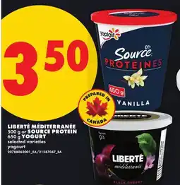 No Frills LIBERTÉ MEDITERRANÉE 500 g or SOURCE PROTEIN 650 g YOGURT offer