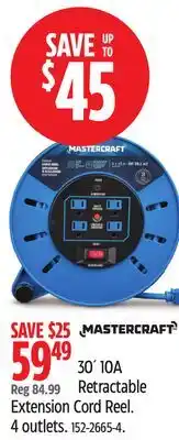 Canadian Tire MASTERCRAFT Retractable Reg 84.99 Extension Cord Reel. 4 outlets offer