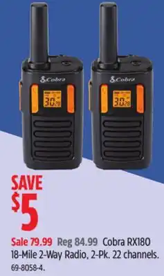 Canadian Tire Cobra RX180 18-Mile 2-Way Radio, 2-Pk offer