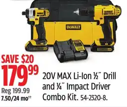 Canadian Tire Dewalt 20V MAX Li-Ion 1⁄2˝ Drill and 1⁄4˝ Impact Driver Combo Kit offer