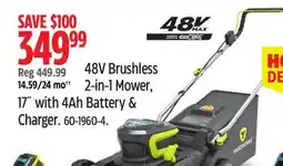 Canadian Tire 48V Brushless i 2—in—l Mower, 17 with 4Ah Battery & Charger offer