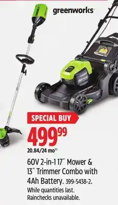 Canadian Tire Greenworks 60V 2-in-1 17 Mower & 13 Trimmer Combo with 4Ah Battery offer