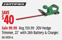 Canadian Tire 20V Hedge Trimmer, 22 with 2Ah Battery & Charger offer