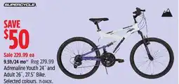Canadian Tire Supercycle Adrenaline Youth 24˝ and Adult 26˝, 27.5˝ Bike. Selected colours offer
