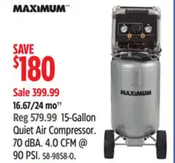 Canadian Tire MAXIMUM 15-Gallon Quiet Air Compressor. 70 dBA. 4.0 CFM @ 90 PSI offer