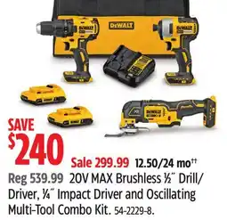 Canadian Tire 20V MAX Brushless 1⁄2˝ Drill/ Driver, 1⁄4˝ Impact Driver and Oscillating Multi-Tool Combo Kit offer