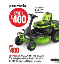 Canadian Tire Green Works 60V Riding Lawn Mower Tractor offer