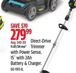 Canadian Tire YARDWORKS Direct-Drive Trimmer with Power Sense, 15 with 2Ah Battery & Charger offer