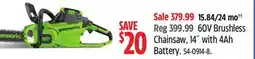 Canadian Tire 60V Brushless Chainsaw, 14˝ with 4Ah Battery offer