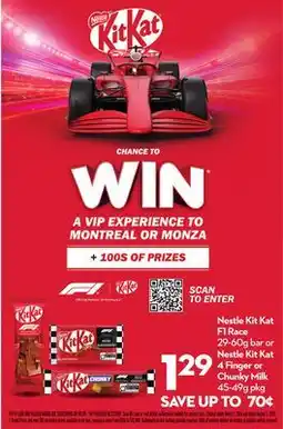Longo's Nestle Kit Kat F1 Race 29-60g bar or Nestle Kit Kat 4 Finger or Chunky Milk 45-49g pkg offer