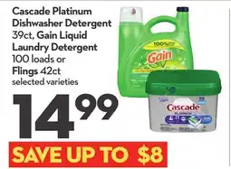 Longo's Cascade Platinum Dishwasher Detergent 39ct, Gain Liquid Laundry Detergent 100 loads or Flings 42ct offer