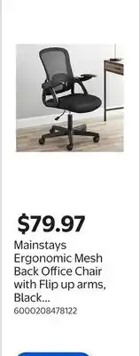 Walmart Mainstays Ergonomic Mesh Back Office Chair with Flip up arms, Black Fabric, 275lb offer
