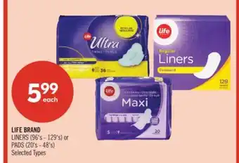 Shoppers Drug Mart LIFE BRAND LINERS (96's - 129's) or PADS (20's - 48's) offer