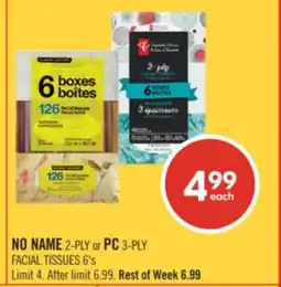 Shoppers Drug Mart NO NAME 2-PLY or PC 3-PLY FACIAL TISSUES 6's offer