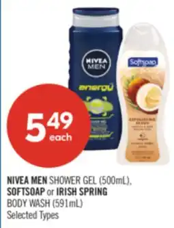 Shoppers Drug Mart NIVEA MEN SHOWER GEL (500mL), SOFTSOAP or IRISH SPRING BODY WASH (591mL) offer