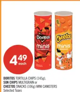 Shoppers Drug Mart DORITOS TORTILLA CHIPS (145g), SUN CHIPS MULTIGRAIN or CHEETOS SNACKS (106g) MINI CANISTERS offer