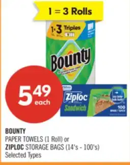 Shoppers Drug Mart BOUNTY PAPER TOWELS (1 Roll) or ZIPLOC STORAGE BAGS (14's - 100's) offer