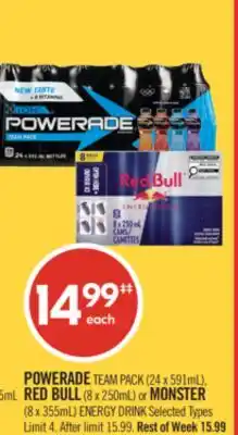 Shoppers Drug Mart POWERADE TEAM PACK (24 x 591mL), RED BULL (8 x 250mL) or MONSTER (8 x 355mL) ENERGY DRINK offer