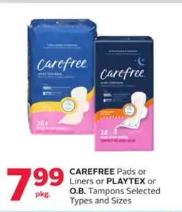 Rexall CAREFREE Pads or Liners or PLAYTEX or O. B. Tampons offer